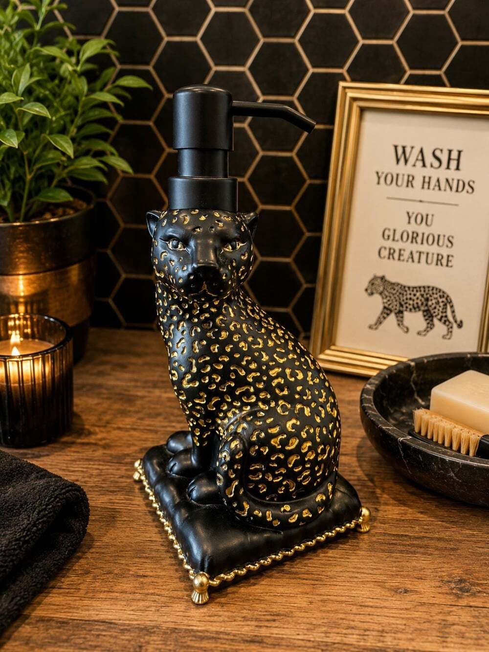 New Resin Black & Gold Leopard Cheetah Soap Dispenser Kitchen / Bathroom